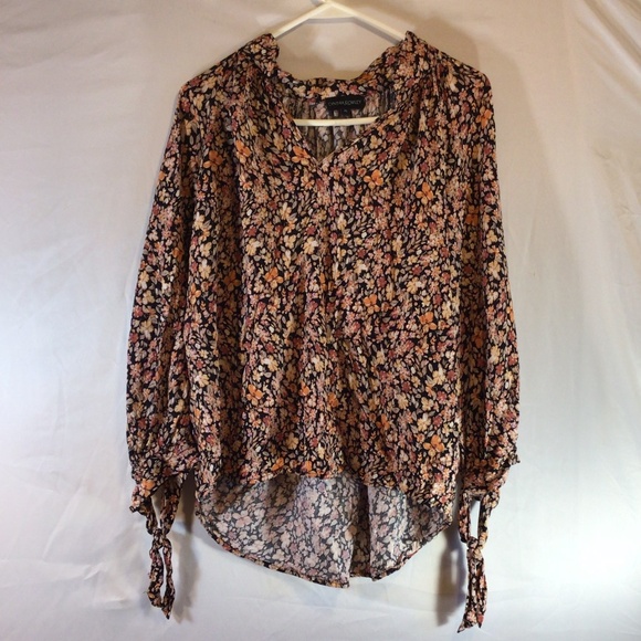Cynthia Rowley XL Floral Boho Blouse 100% Rayon Peasant Top  Tie Sleeve Work - Picture 2 of 8